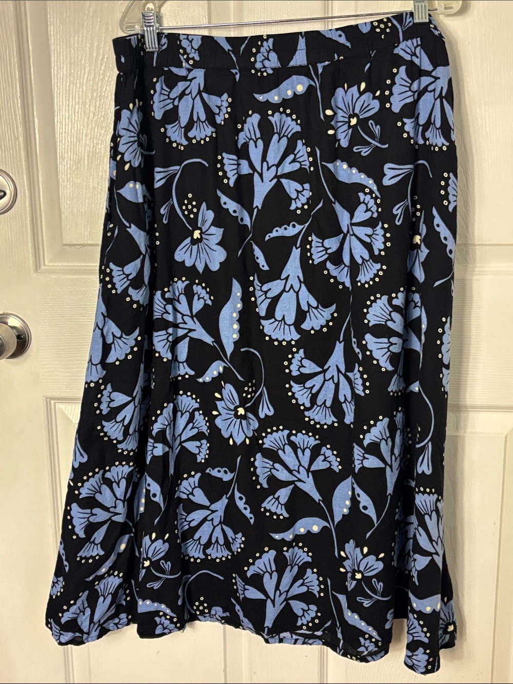 GUDRUN SJODEN Navy Blue Midi Skirt Floral Print Pockets Size XL Organic Cotton